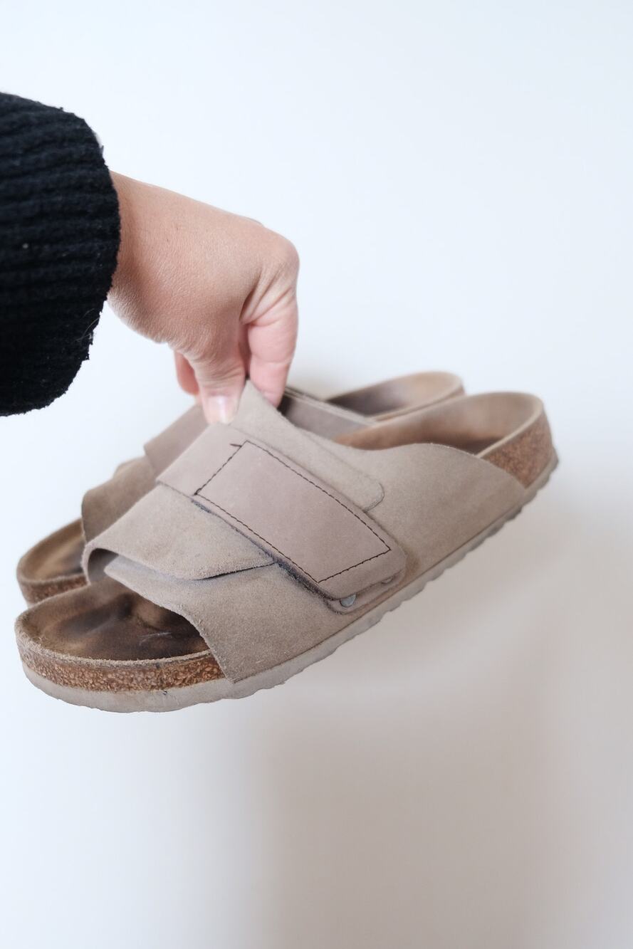 Birkenstock Kyoto Suede Slide Sandals Taupe EU 38 Two-Strap Cork Footbed